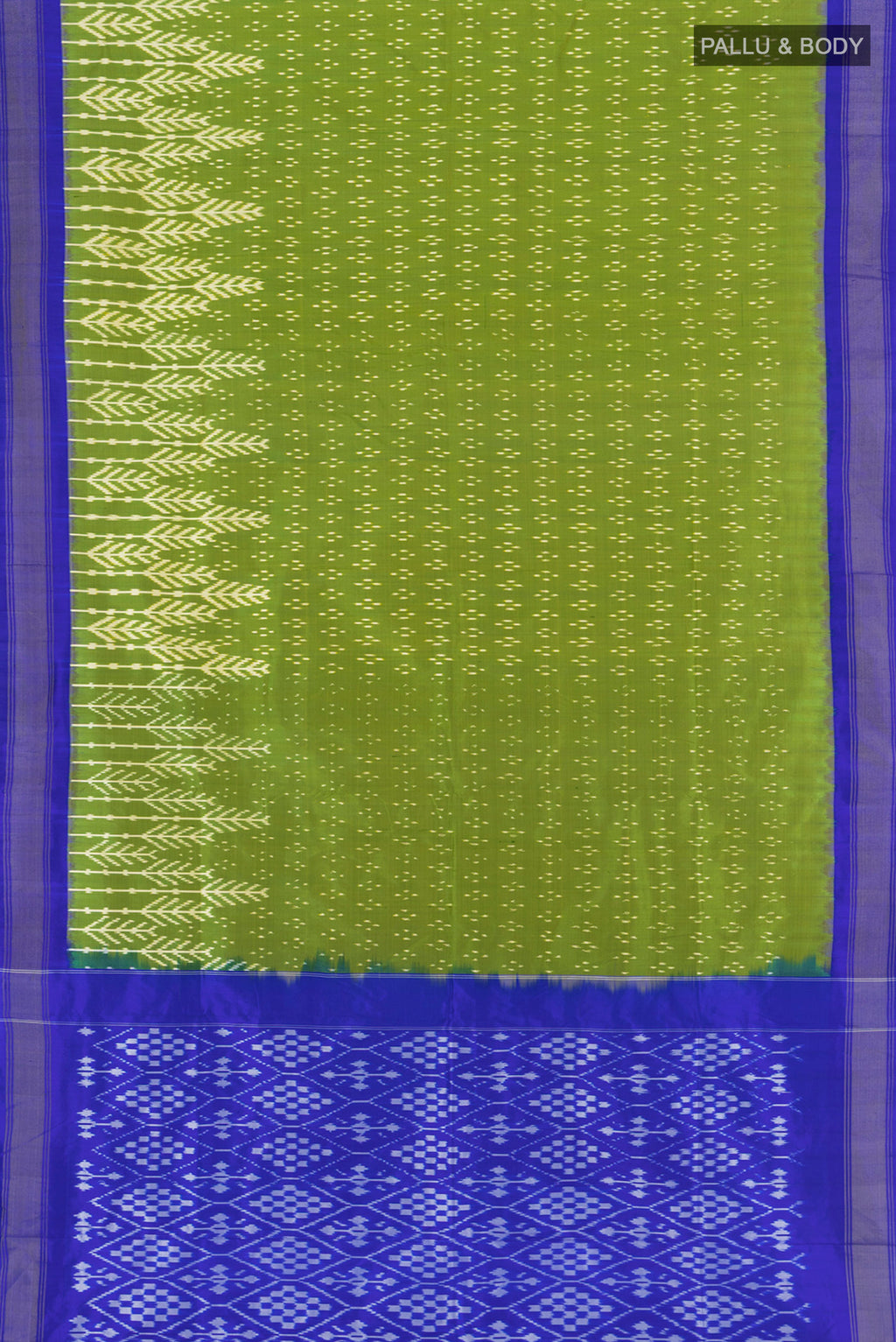 Flat view of Parrot Green Pochampally Silk Saree with Ikat Print on the body and Silk Border. 