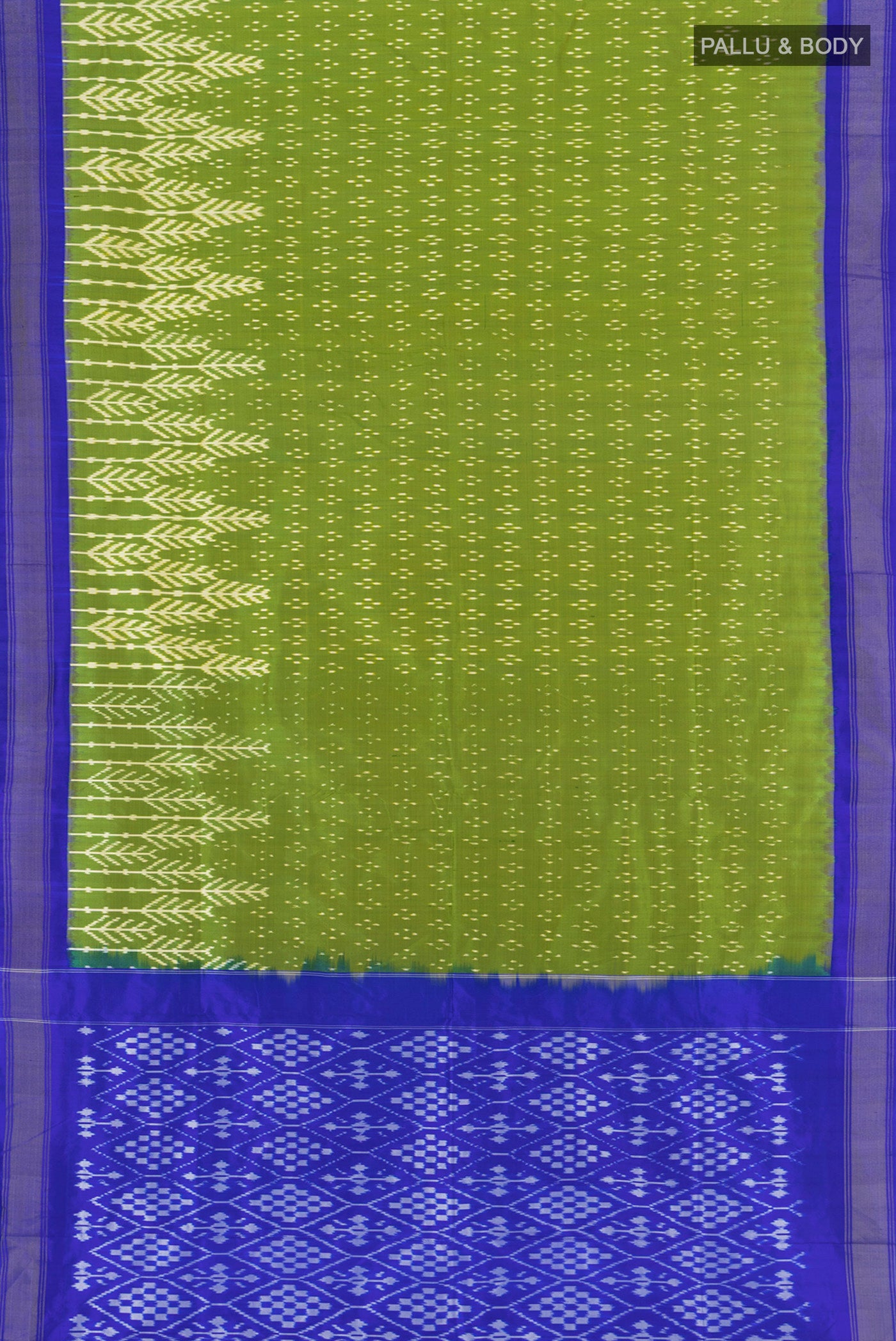 Flat view of Parrot Green Pochampally Silk Saree with Ikat Print on the body and Silk Border. 