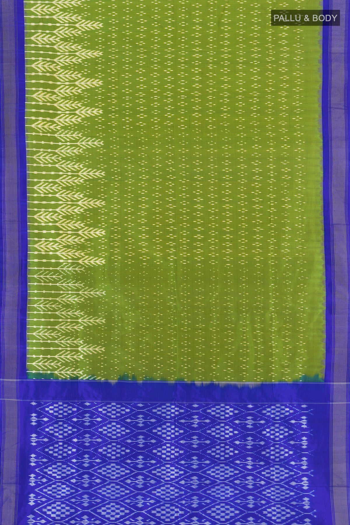 Flat view of Parrot Green Pochampally Silk Saree with Ikat Print on the body and Silk Border. 