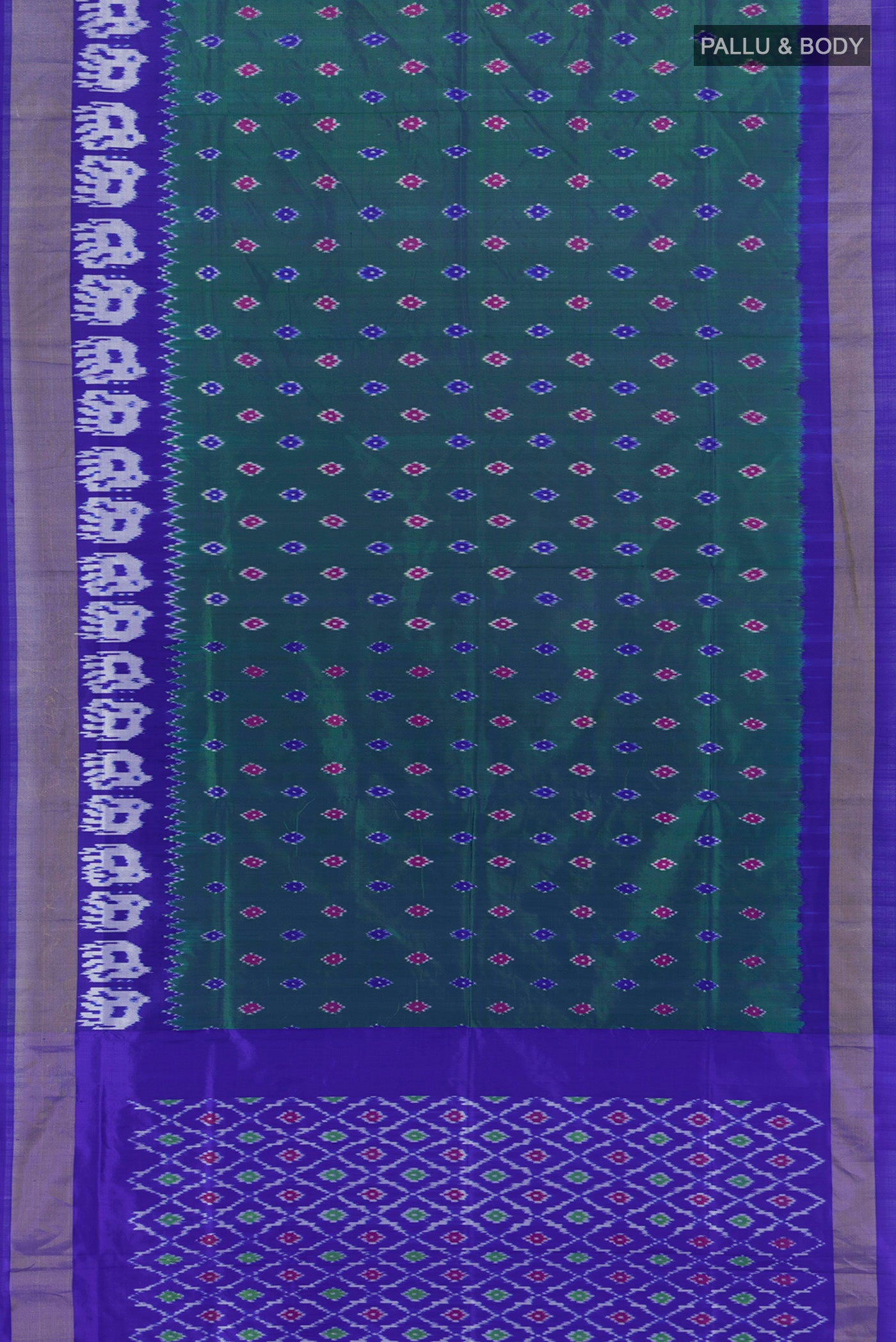 Flat view of Green Pochampally Silk Saree with Ikat design on the body and Ikat Border. 