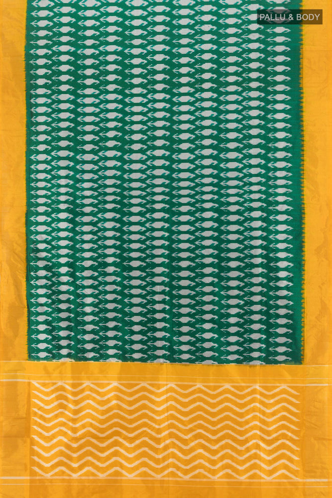 Flat view of Pure Silk Pure Zari Mint Green Pochampally Saree with Ikat Print on the body and Silk Border. 