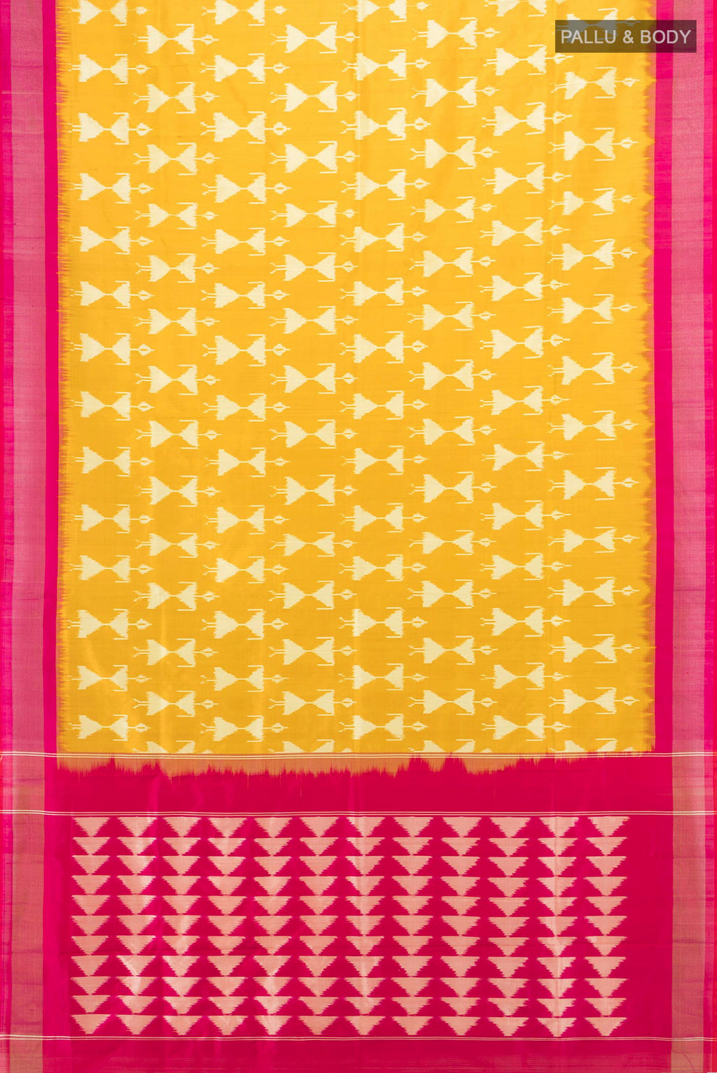 Flat view of Pure Silk Yellow Pochampally Saree with Ikat design on the body and Zari Border. 