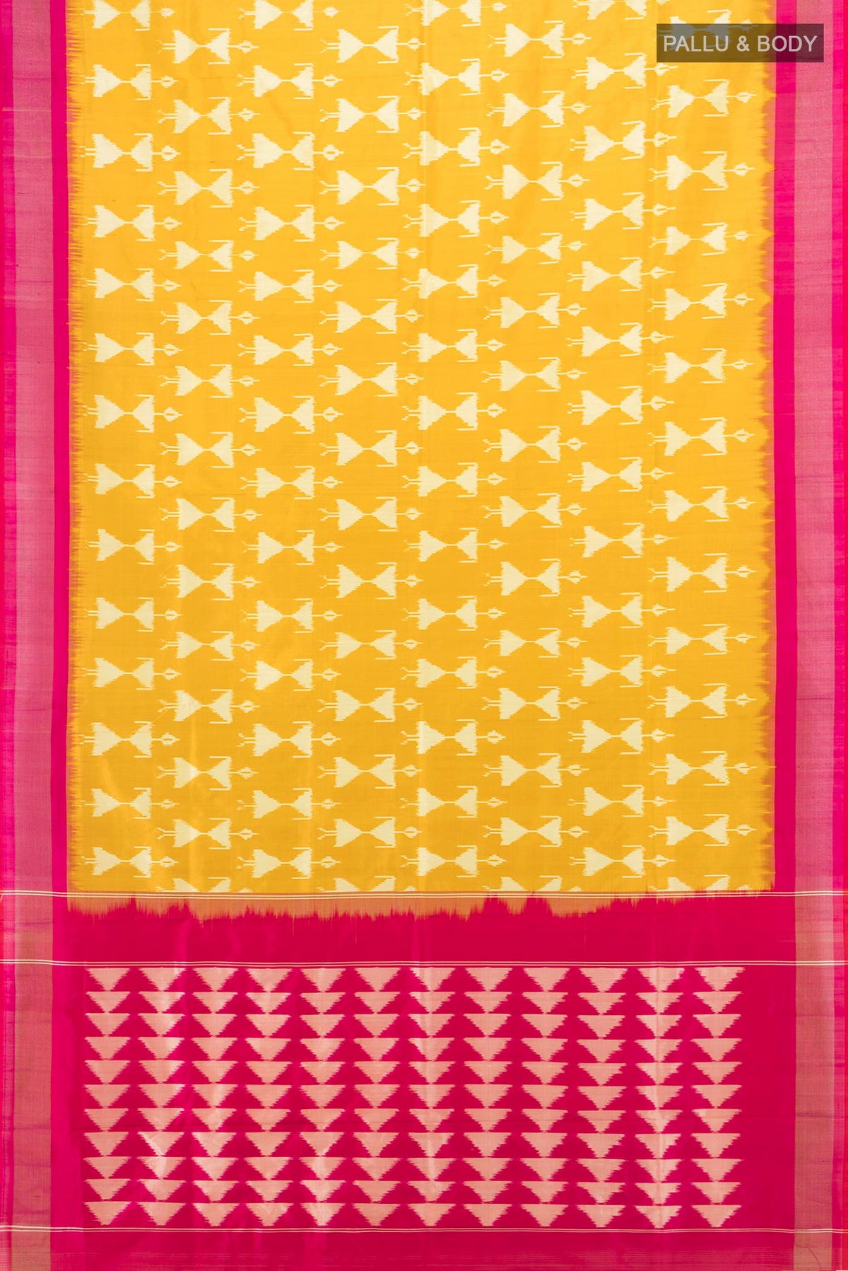 Flat view of Pure Silk Yellow Pochampally Saree with Ikat design on the body and Zari Border. 