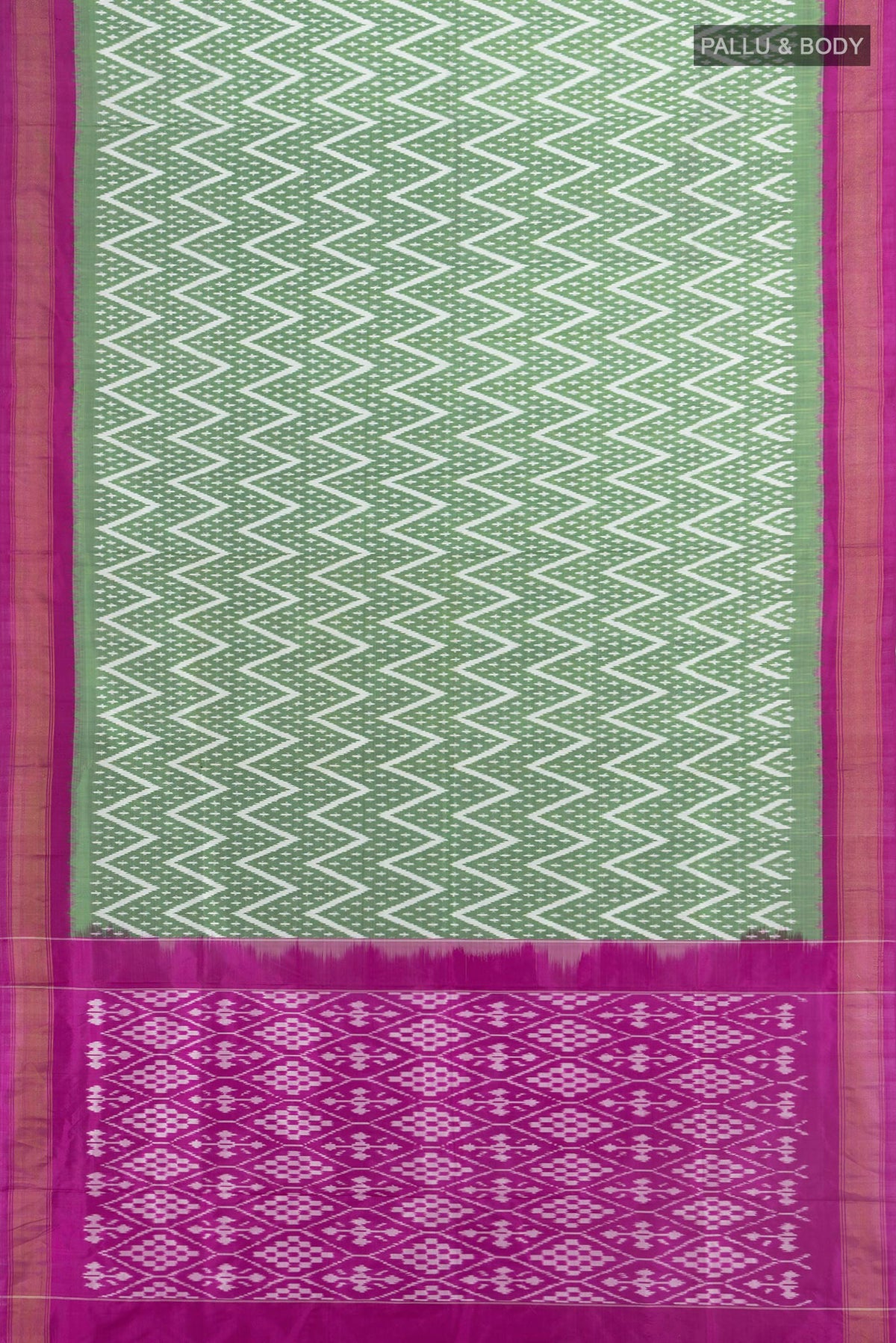 Flat view of Pure Silk Light Green Pochampally Saree with Pure Ikat on the body and Zari Border. 