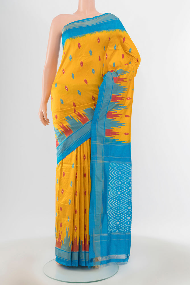 Pure Silk Pure Zari Mustard Pochampally Saree with Ikat Print on the body and Silk Border.  displayed on a mannequin