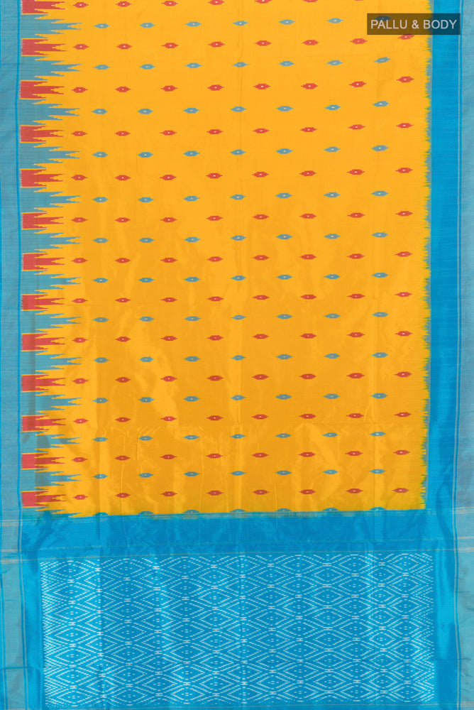 Flat view of Pure Silk Pure Zari Mustard Pochampally Saree with Ikat Print on the body and Silk Border. 