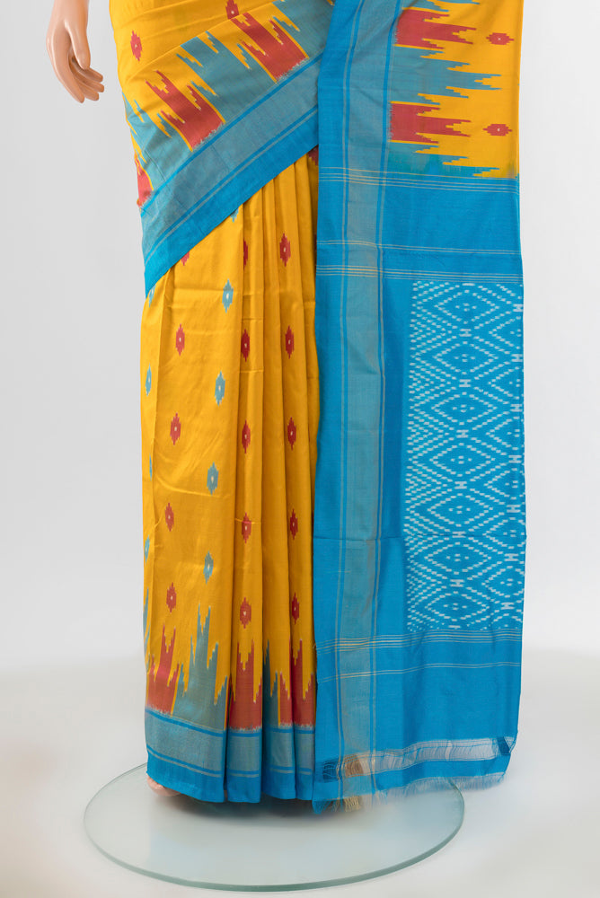Pleats and pallu of Pure Silk Pure Zari Mustard Pochampally Saree with Ikat Print on the body and Silk Border. 