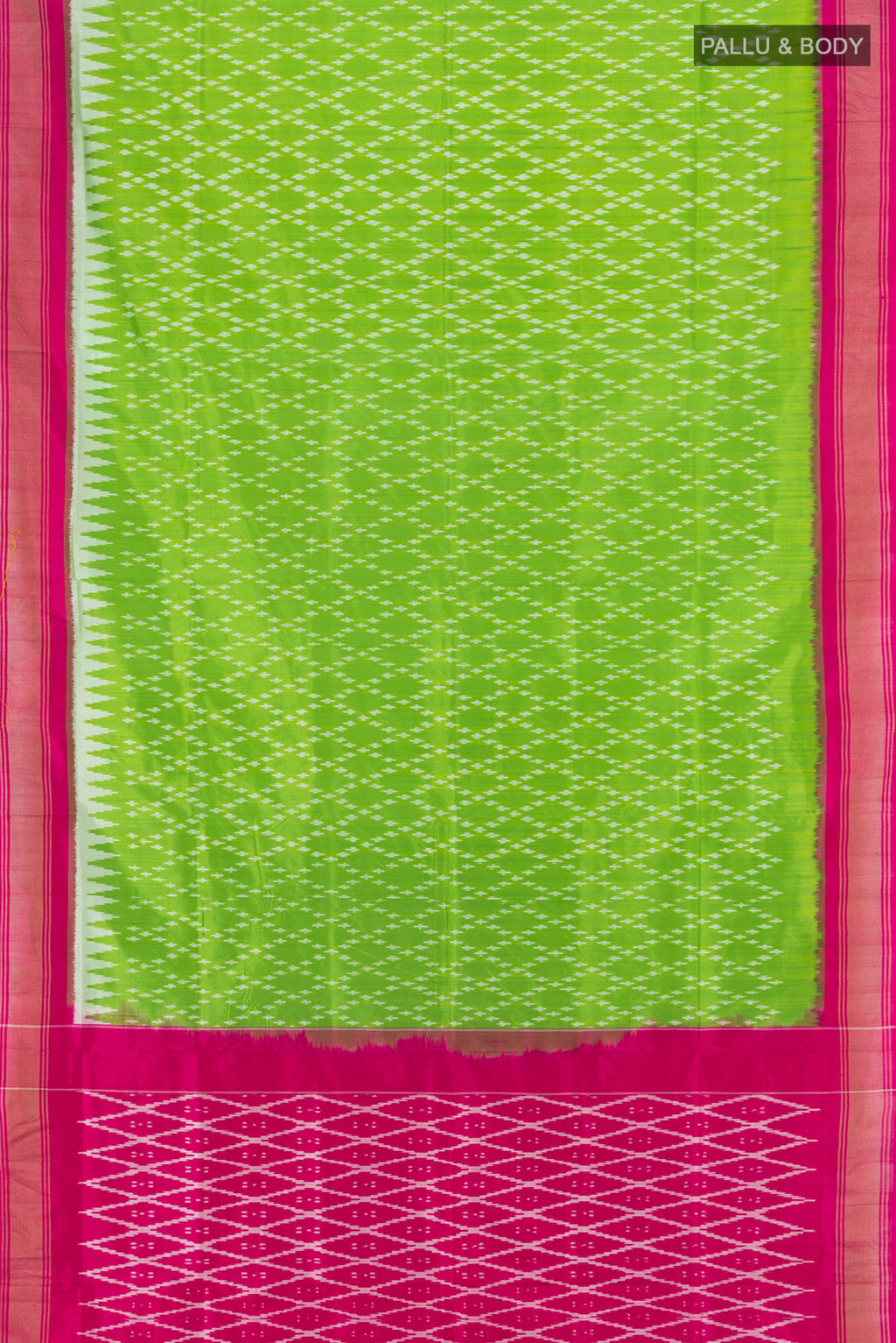 Flat view of Parrot Green Pochampally Silk Saree with Pure Ikat on the body and Zari Border. 