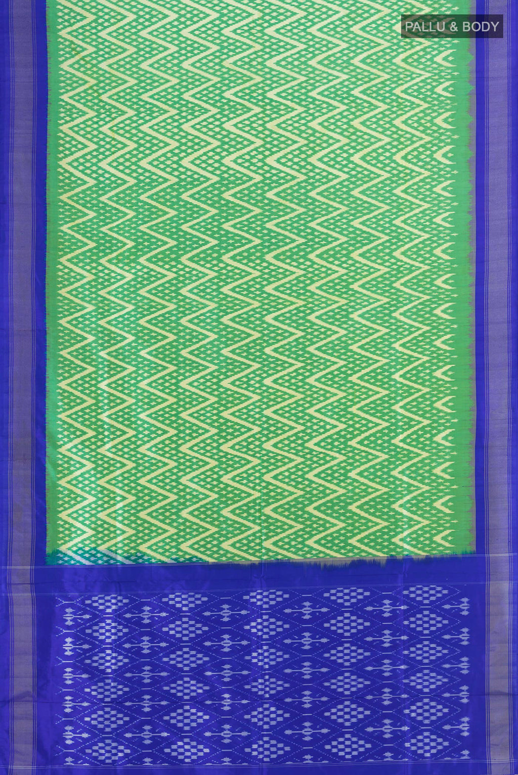 Flat view of Pure Silk Multi Color Pochampally Saree with Ikat Print on the body and Silk Border. 