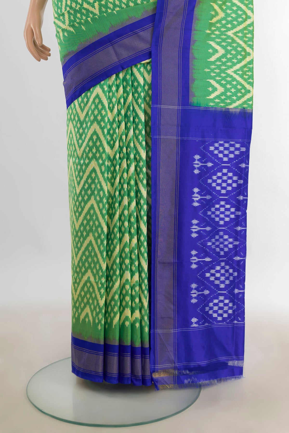 Pleats and pallu of Pure Silk Multi Color Pochampally Saree with Ikat Print on the body and Silk Border. 