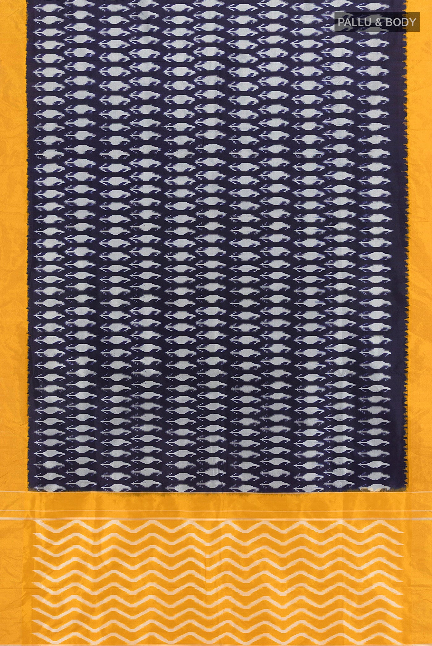 Flat view of Navy Blue Pochampally Silk Saree with Pure Ikat on the body and Plain Border. 