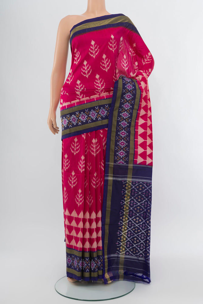 Dark Pink Pochampally Saree with Ikat Print on the body and Silk Border.  displayed on a mannequin