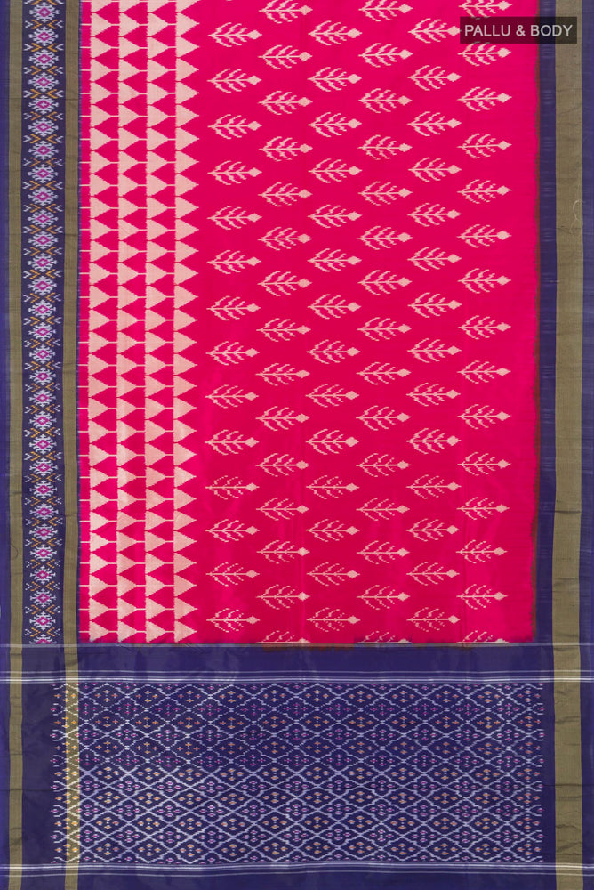Flat view of Dark Pink Pochampally Saree with Ikat Print on the body and Silk Border. 