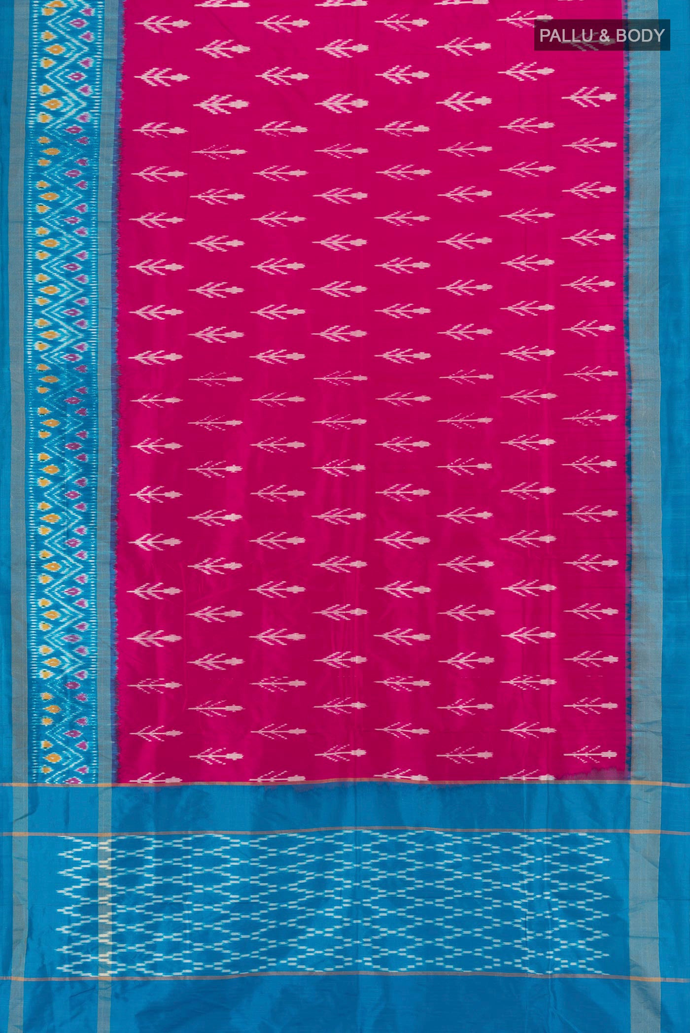 Flat view of Pink Pochampally Silk Saree with Pure Ikat on the body and Ikat Border. 
