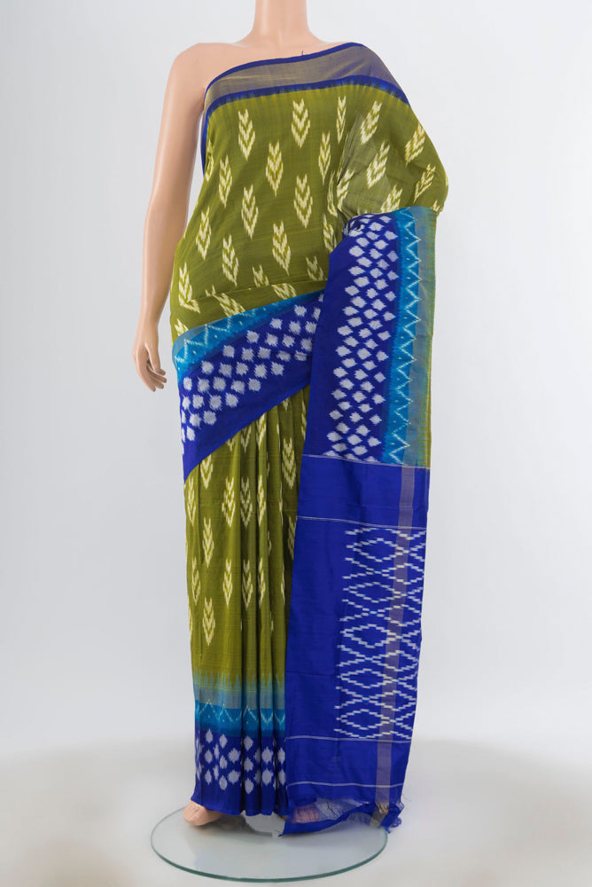 Light Green Pochampally Saree with Ikat Print on the body and Silk Border.  displayed on a mannequin