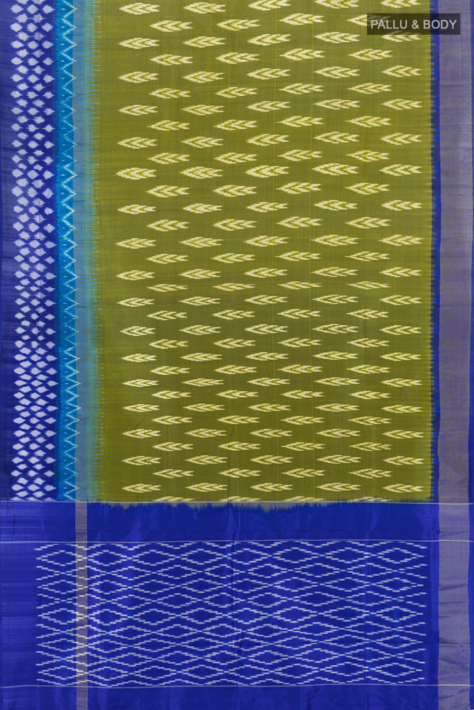 Flat view of Light Green Pochampally Saree with Ikat Print on the body and Silk Border. 