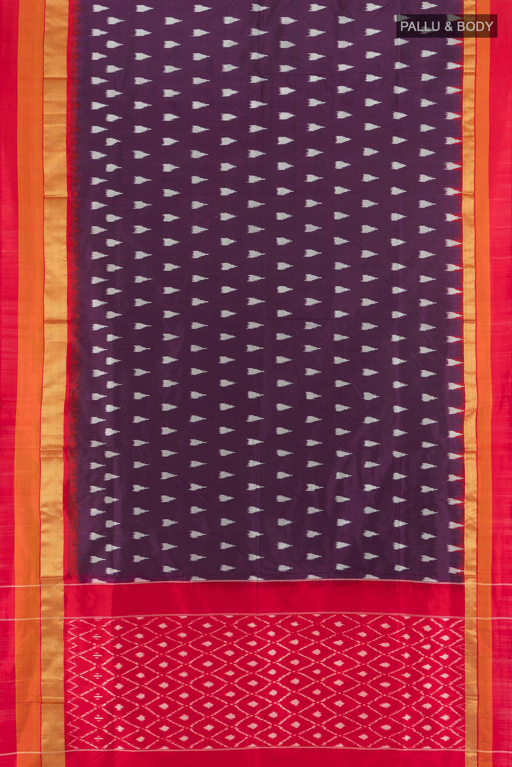 Flat view of Pure Silk Coffee Brown Pochampally Saree with Ikat design on the body and Zari Border. 