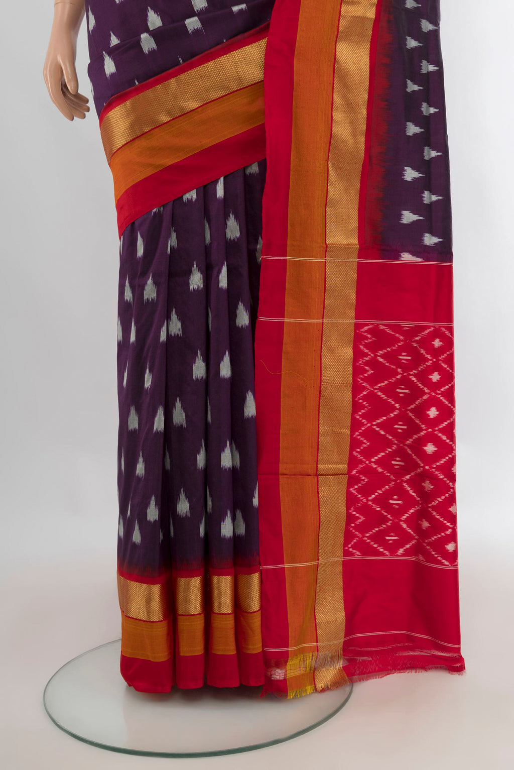 Pleats and pallu of Pure Silk Coffee Brown Pochampally Saree with Ikat design on the body and Zari Border. 