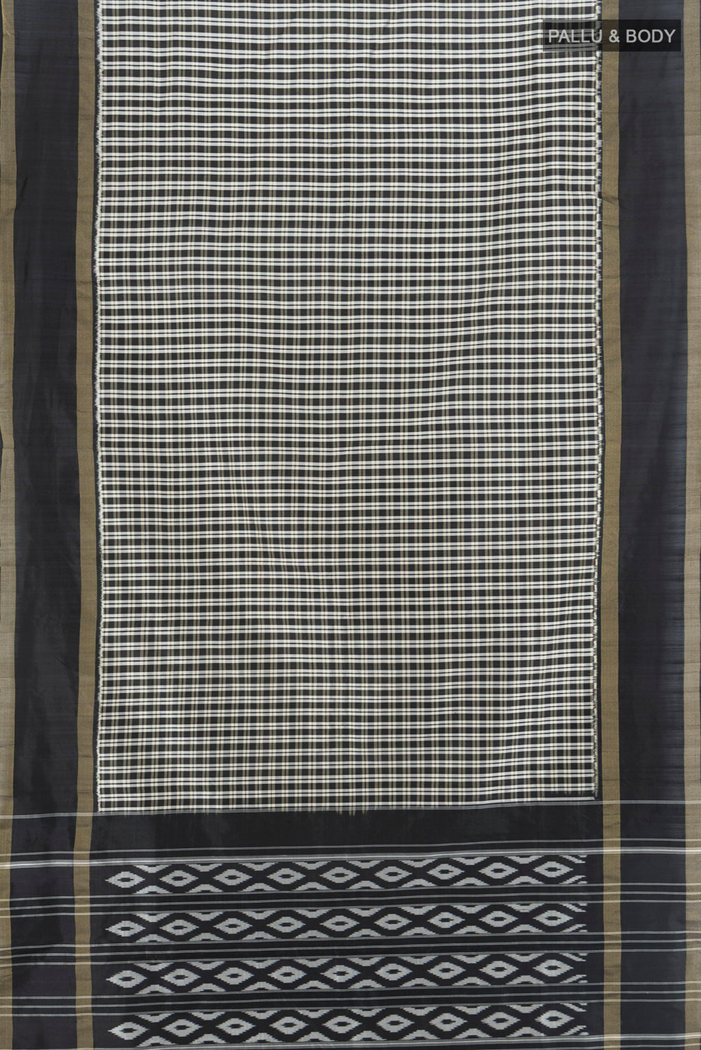 Flat view of Multi Color Pochampally Silk Saree with Checked design on the body and Zari Border. 