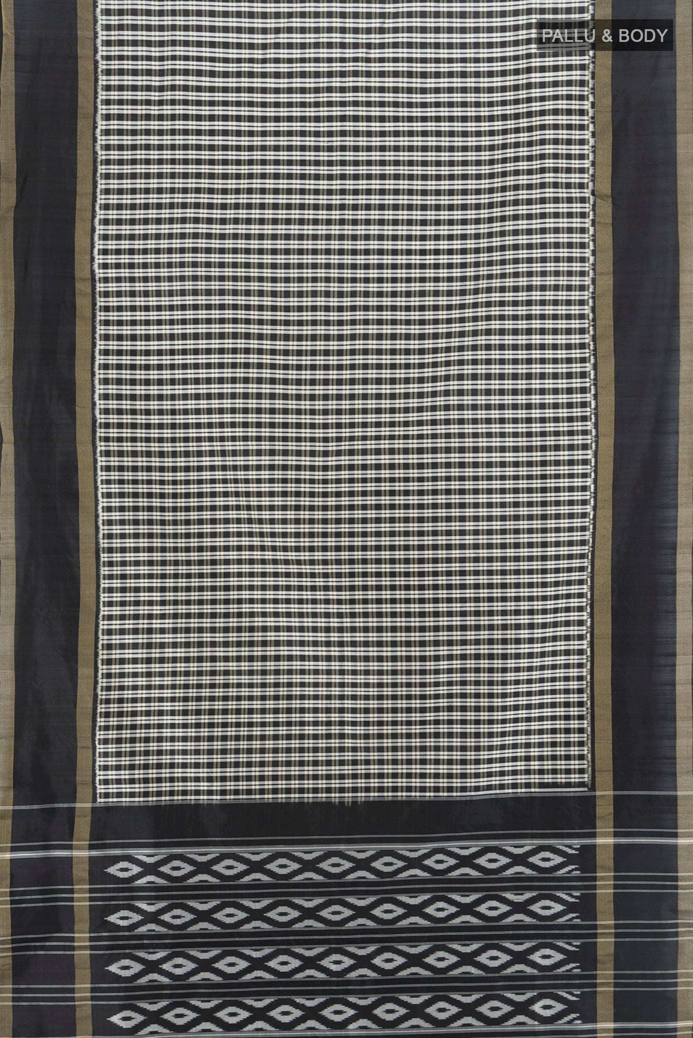 Flat view of Multi Color Pochampally Silk Saree with Checked design on the body and Zari Border. 