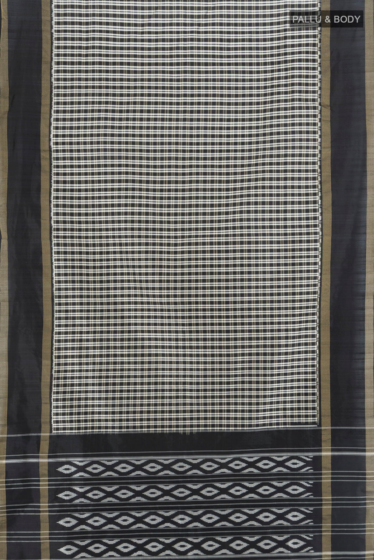 Flat view of Multi Color Pochampally Silk Saree with Checked design on the body and Zari Border. 