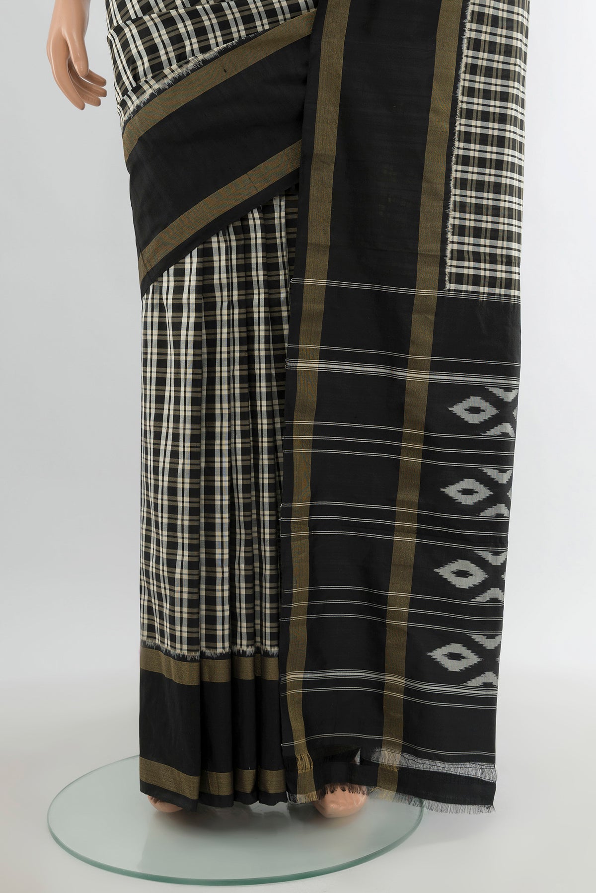 Pleats and pallu of Multi Color Pochampally Silk Saree with Checked design on the body and Zari Border. 