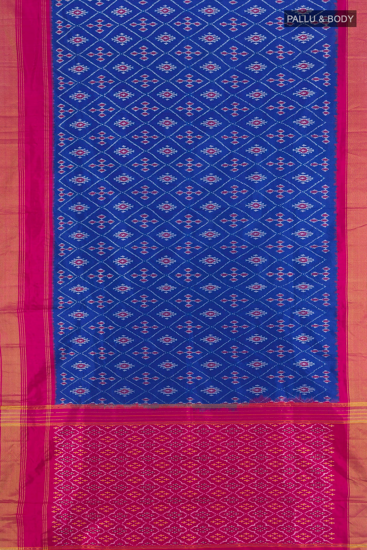Flat view of Dark Blue Pochampally Saree with Ikat Print on the body and Silk Border. 