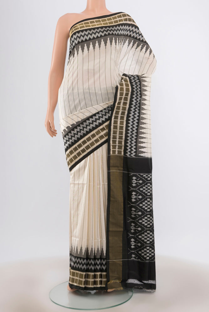 Cream Pochampally Saree with Ikat Print on the body and Silk Border.  displayed on a mannequin