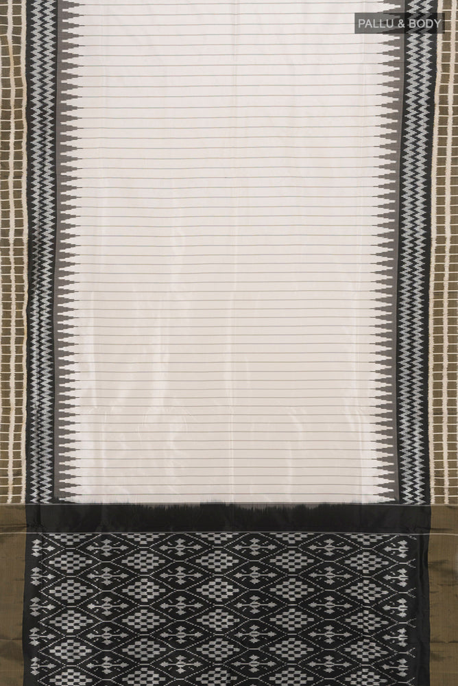 Flat view of Cream Pochampally Saree with Ikat Print on the body and Silk Border. 