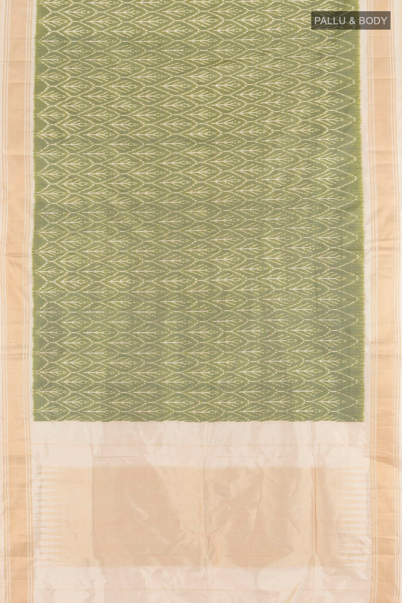 Flat view of Sage Green Pochampally Silk Saree with Pure Ikat on the body and Zari Border. 