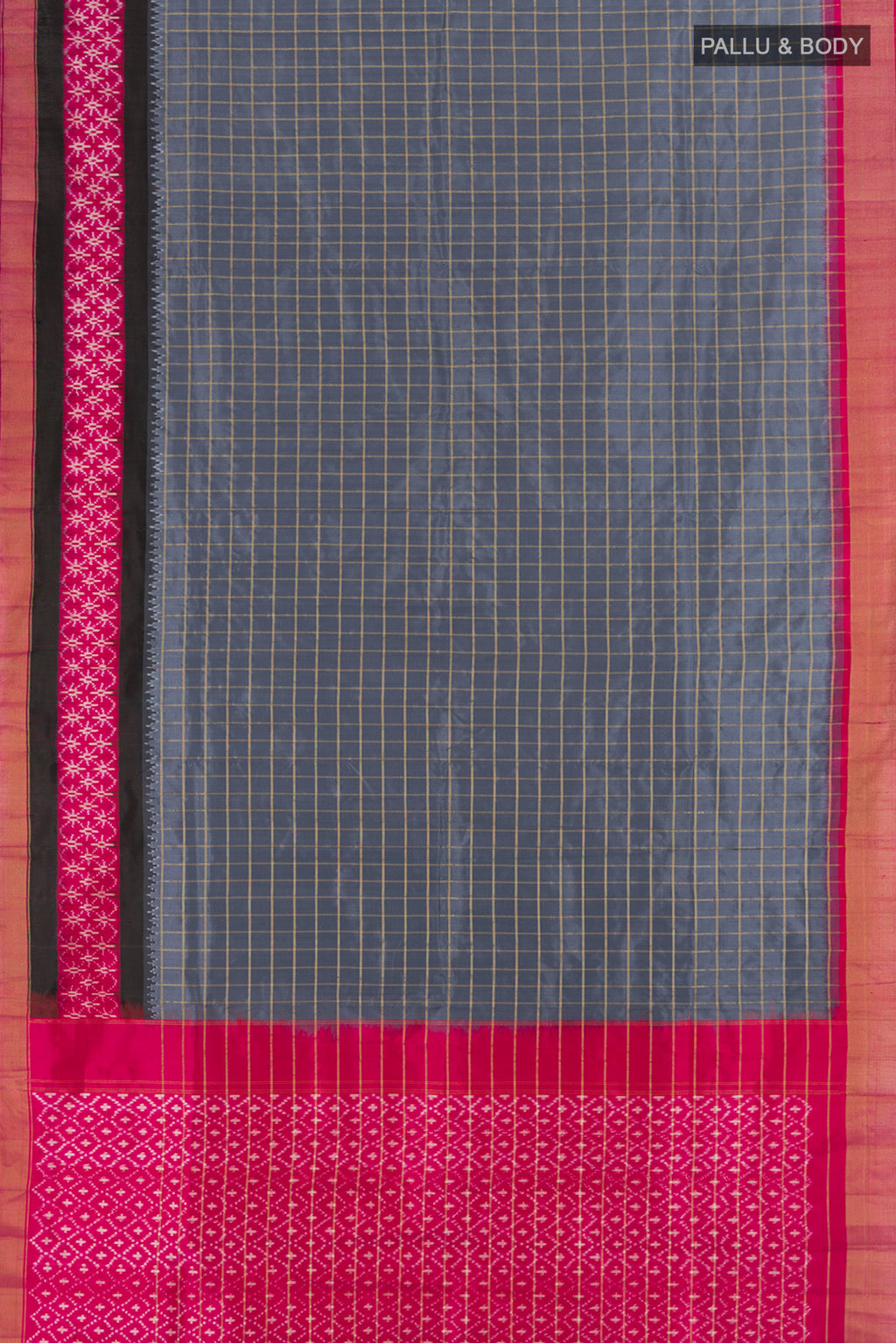 Flat view of Davys Grey Pochampally Saree with Ikat Print on the body and Silk Border. 
