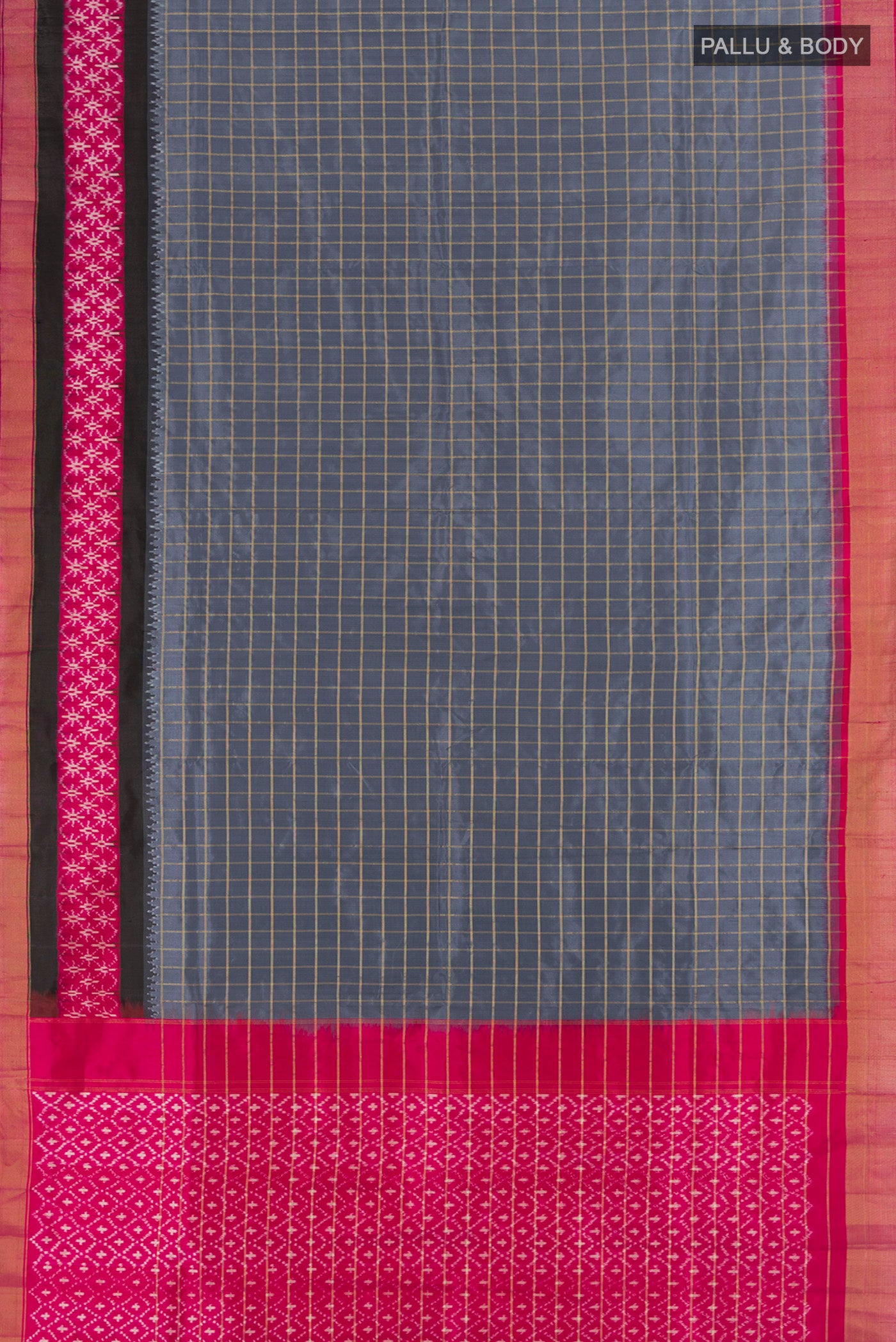 Flat view of Davys Grey Pochampally Saree with Ikat Print on the body and Silk Border. 