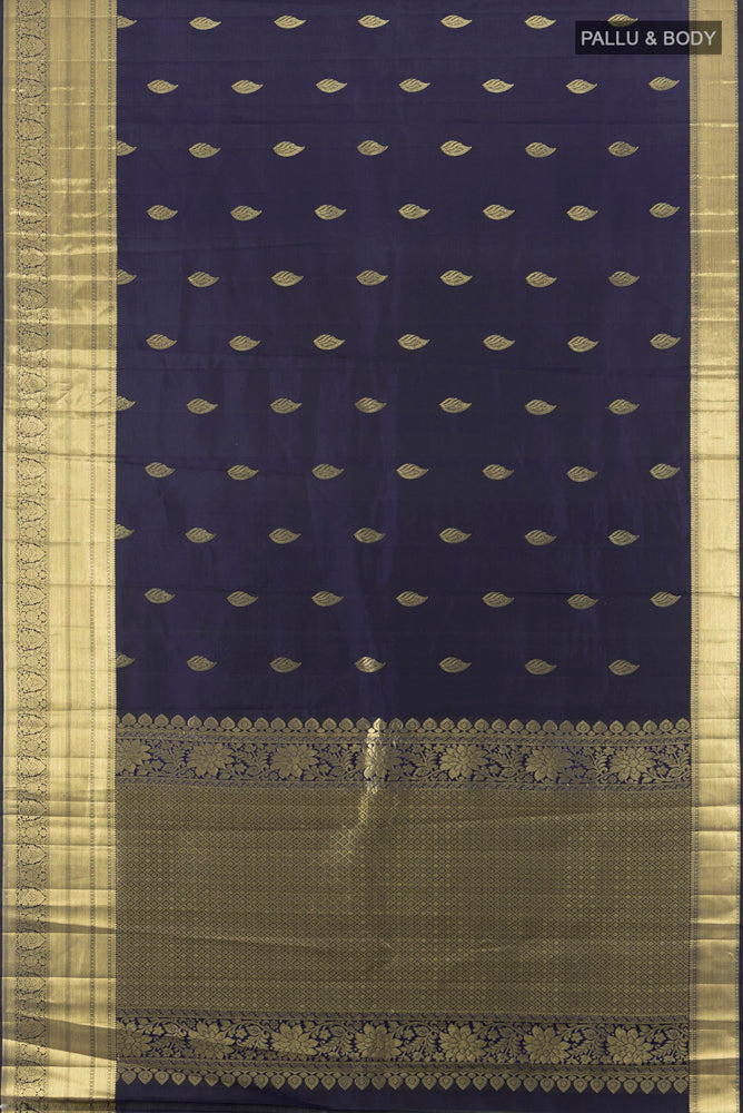 Flat view of Pure Silk Pure Zari Navy Blue Kanjivaram Saree with Zari Butta on the body and Silk Border. 