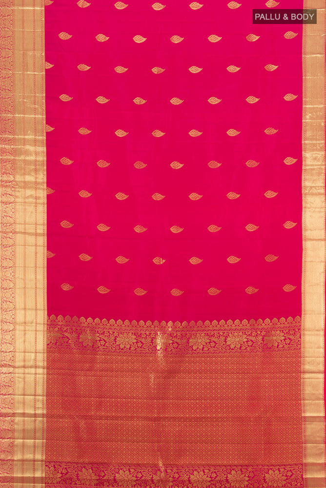 Flat view of Pure Silk Pure Zari Dark Pink Kanjivaram Saree with Zari Butta on the body and Silk Border. 