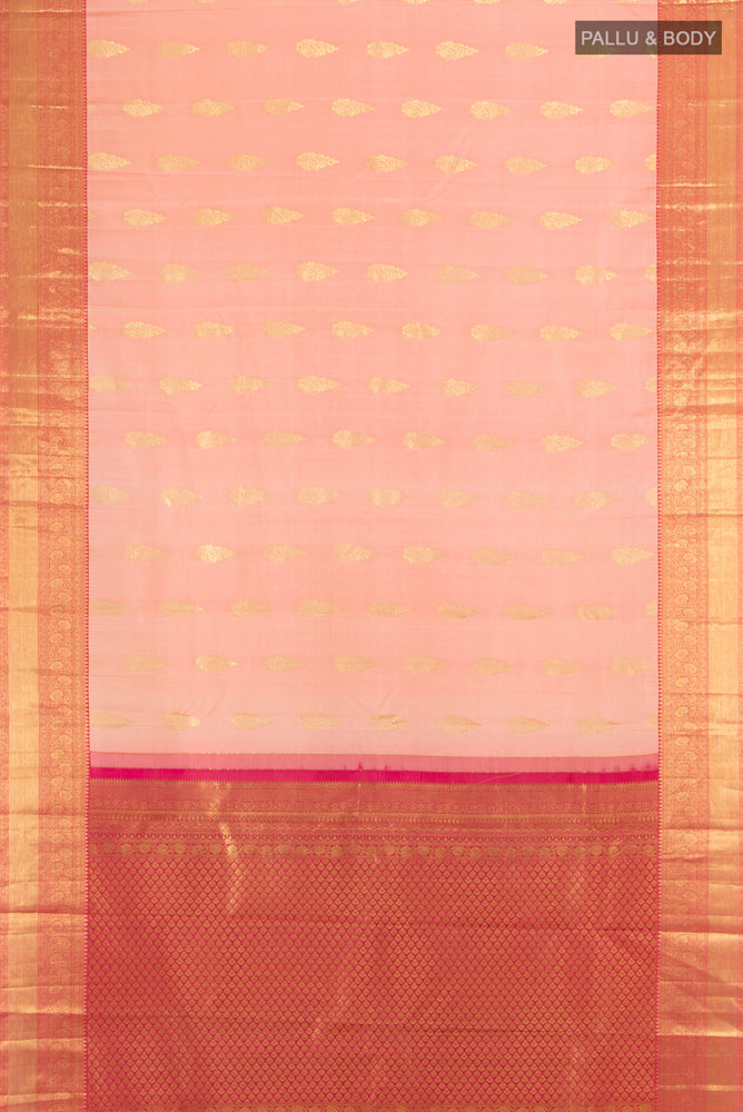 Flat view of Rose Gold Kanjivaram Silk Saree with Zari Butta on the body and Silk Border. 