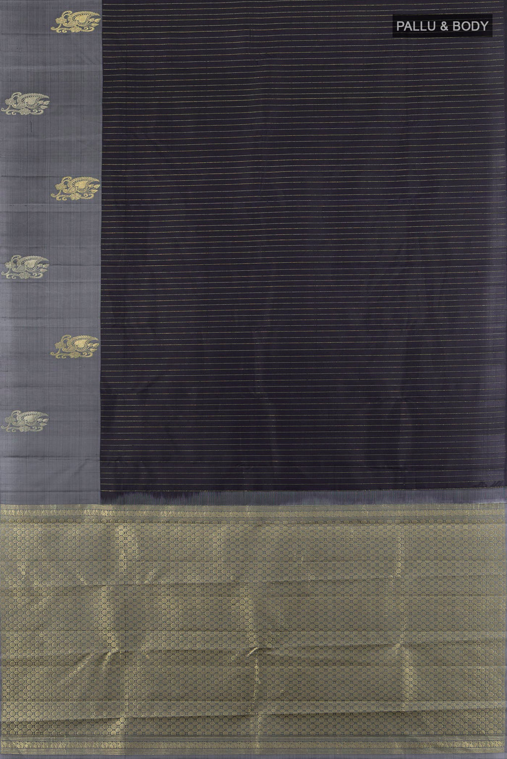 Flat view of Pure Silk Pure Zari Black Kanchipuram Saree with Zari Butta on the body and Silk Border. 