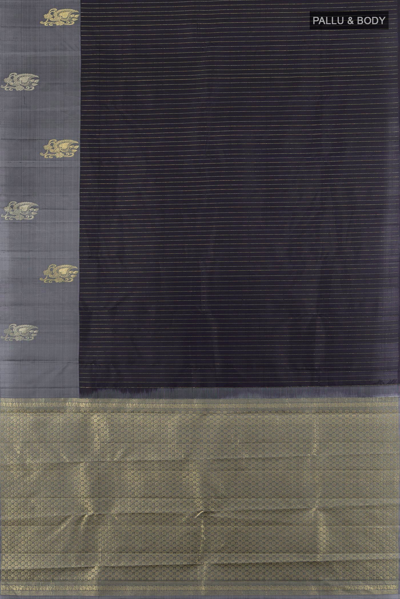 Flat view of Pure Silk Pure Zari Black Kanchipuram Saree with Zari Butta on the body and Silk Border. 