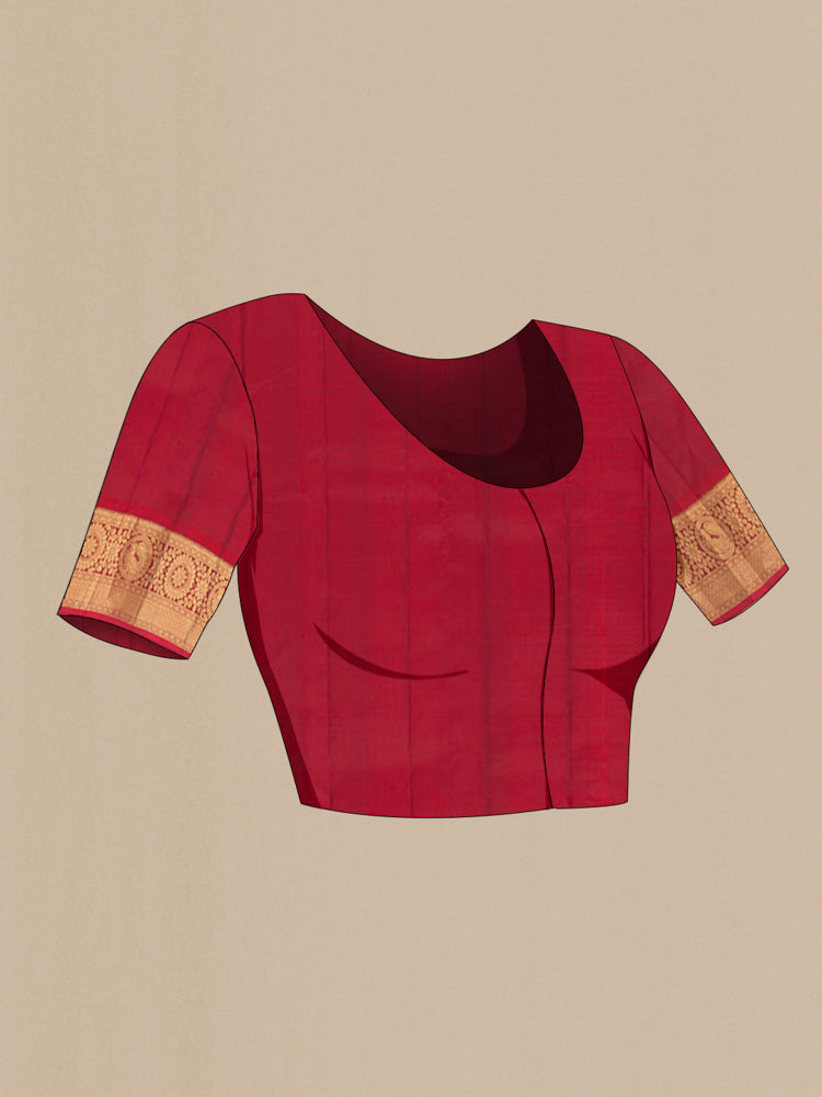 Close up image of the blouse of Violet Kanchipuram Silk Saree with Zari Brocade on the body and Silk Border. 
