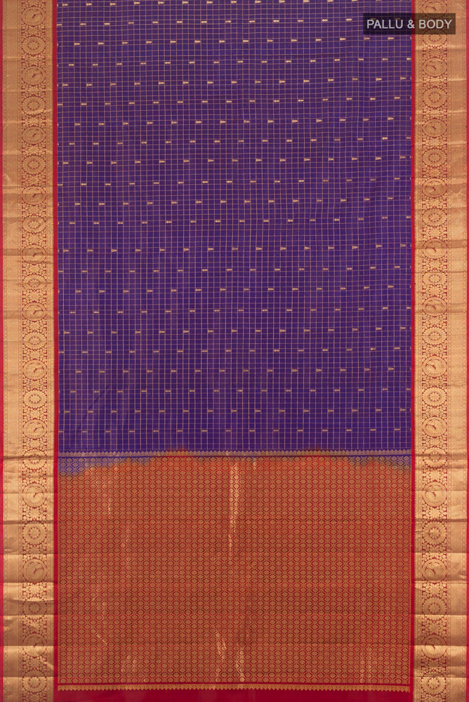 Flat view of Violet Kanchipuram Silk Saree with Zari Brocade on the body and Silk Border. 