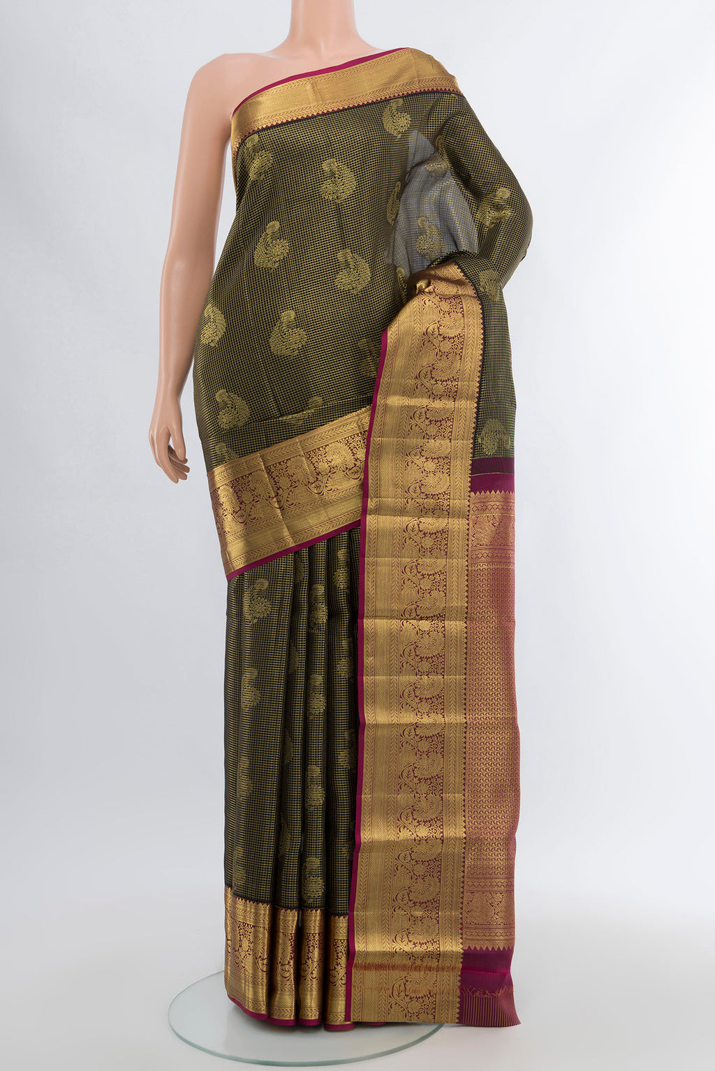 Pure Silk Pure Zari Coffee Brown Kanchipuram Saree with Zari Butta on the body and Silk Border.  displayed on a mannequin