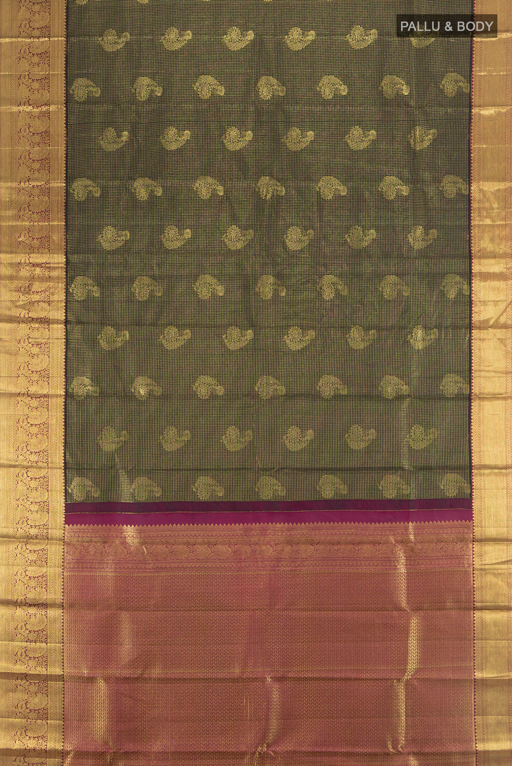 Flat view of Pure Silk Pure Zari Coffee Brown Kanchipuram Saree with Zari Butta on the body and Silk Border. 