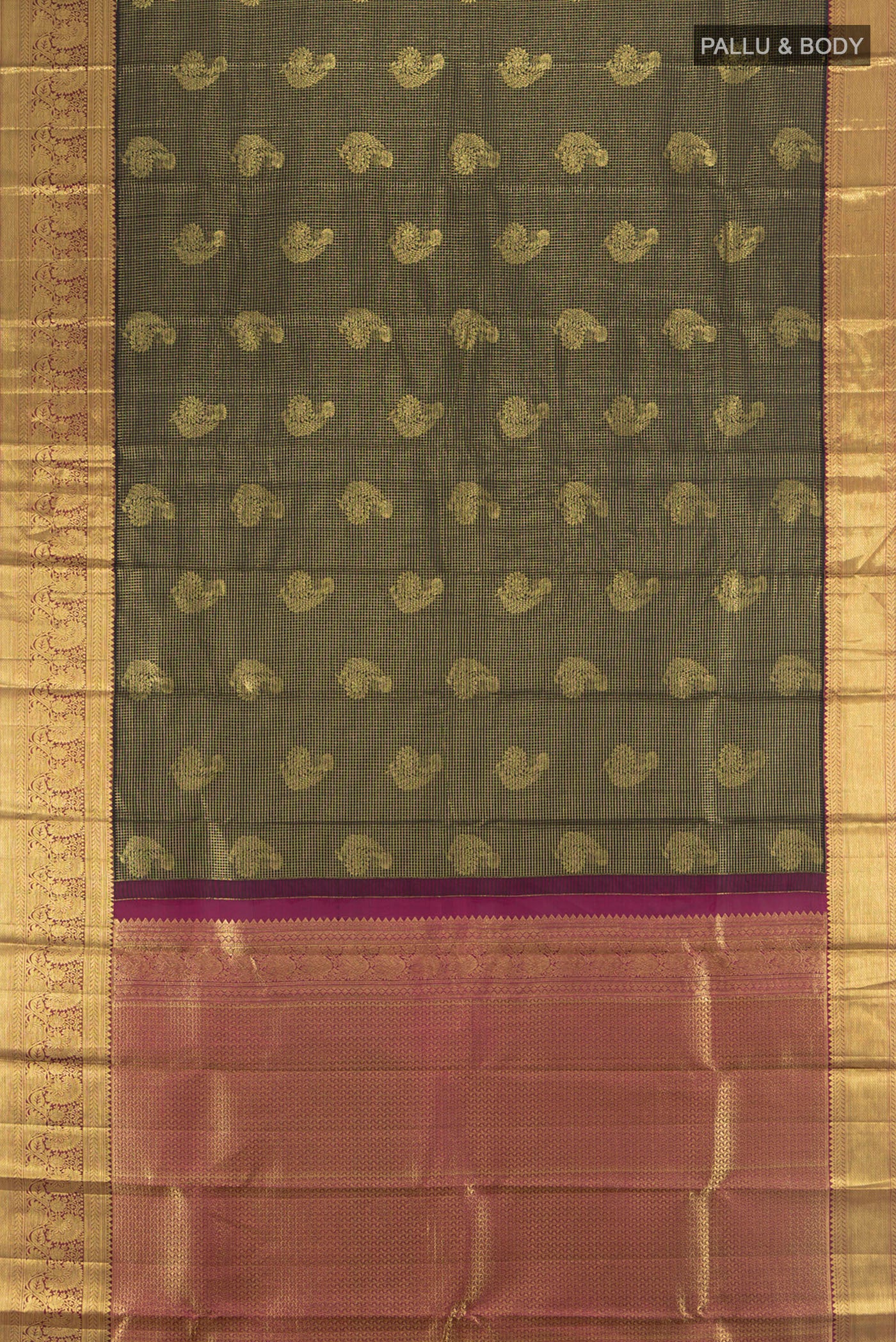 Flat view of Pure Silk Pure Zari Coffee Brown Kanchipuram Saree with Zari Butta on the body and Silk Border. 
