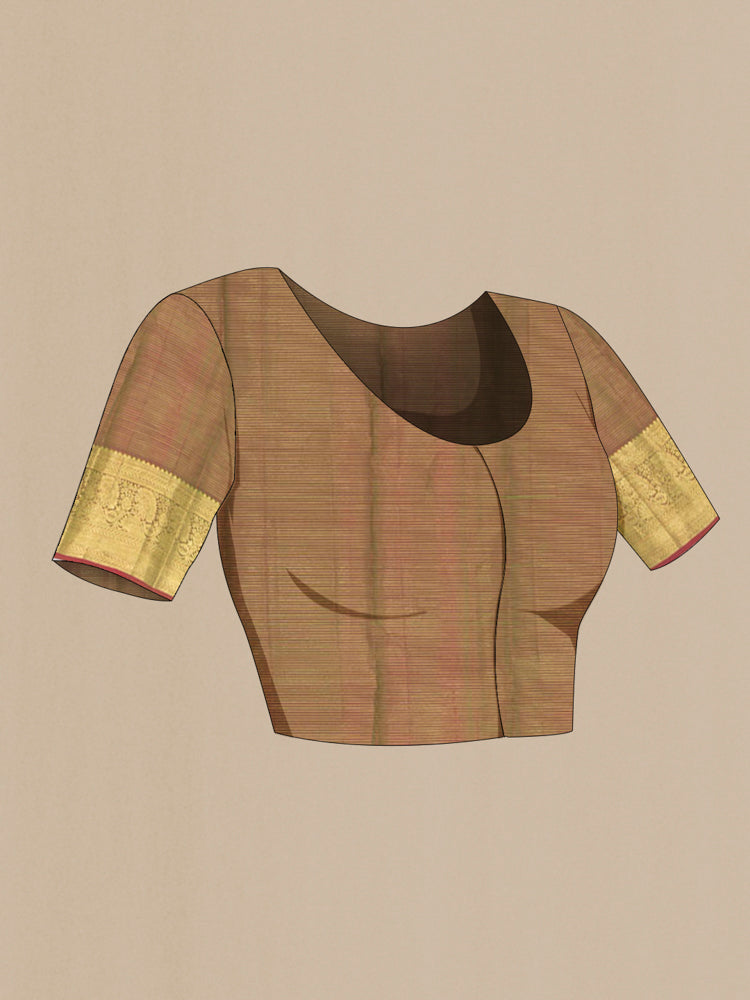 Close up image of the blouse of Golden Kanchipuram Silk Saree with Zari Butta on the body and Silk Border. 