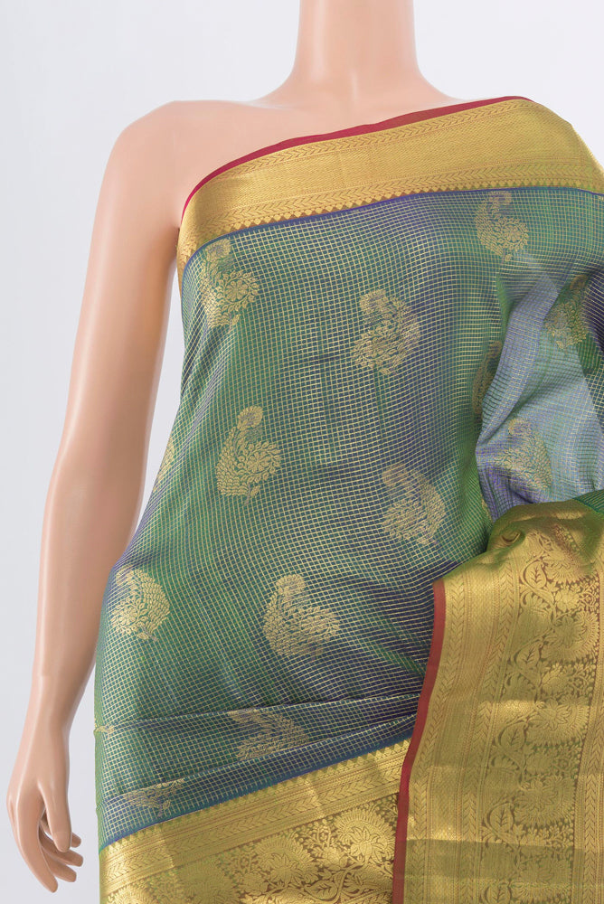 Border image of Golden Kanchipuram Silk Saree with Zari Butta on the body and Silk Border. 