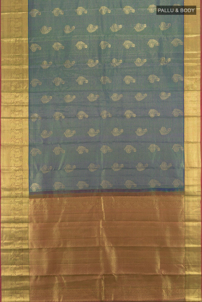 Flat view of Golden Kanchipuram Silk Saree with Zari Butta on the body and Silk Border. 