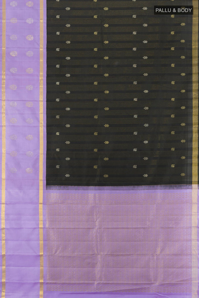 Flat view of Pure Silk Pure Zari Black Kanjivaram Saree with Zari Butta on the body and Silk Border. 