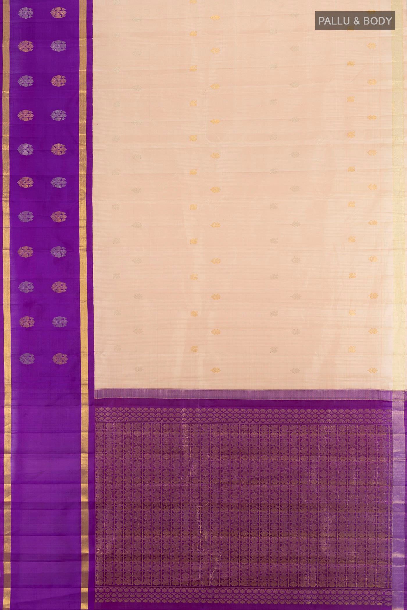Flat view of Cream Kanjivaram Silk Saree with Zari Butta on the body and Fancy Border. 