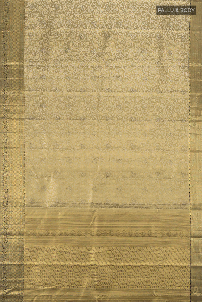 Flat view of Pure Silk Pure Zari Golden Kanjivaram Saree with Zari Butta on the body and Silk Border. 