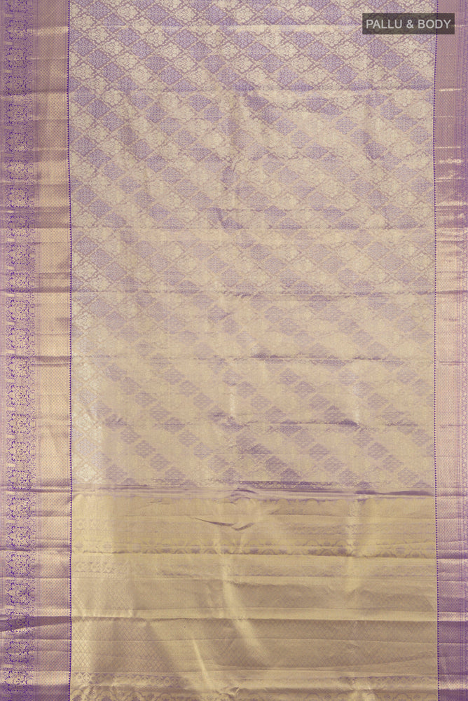 Flat view of Golden Kanjivaram Silk Saree with Plain Body and Silk Border. 