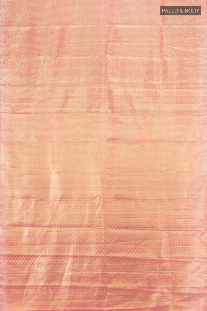 Flat view of Golden Peach Kanjivaram Silk Saree with Zari Butta on the body and Silk Border. 